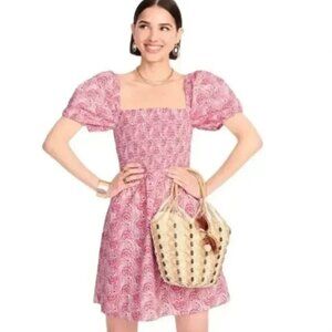 J.Crew Puff-sleeve Smocked Mini Dress In Dandelion Swirl Pink Size XL